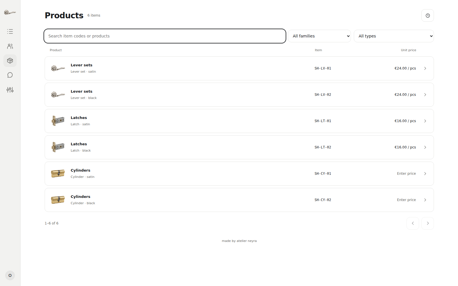 The native catalogue workspace with authored sample products