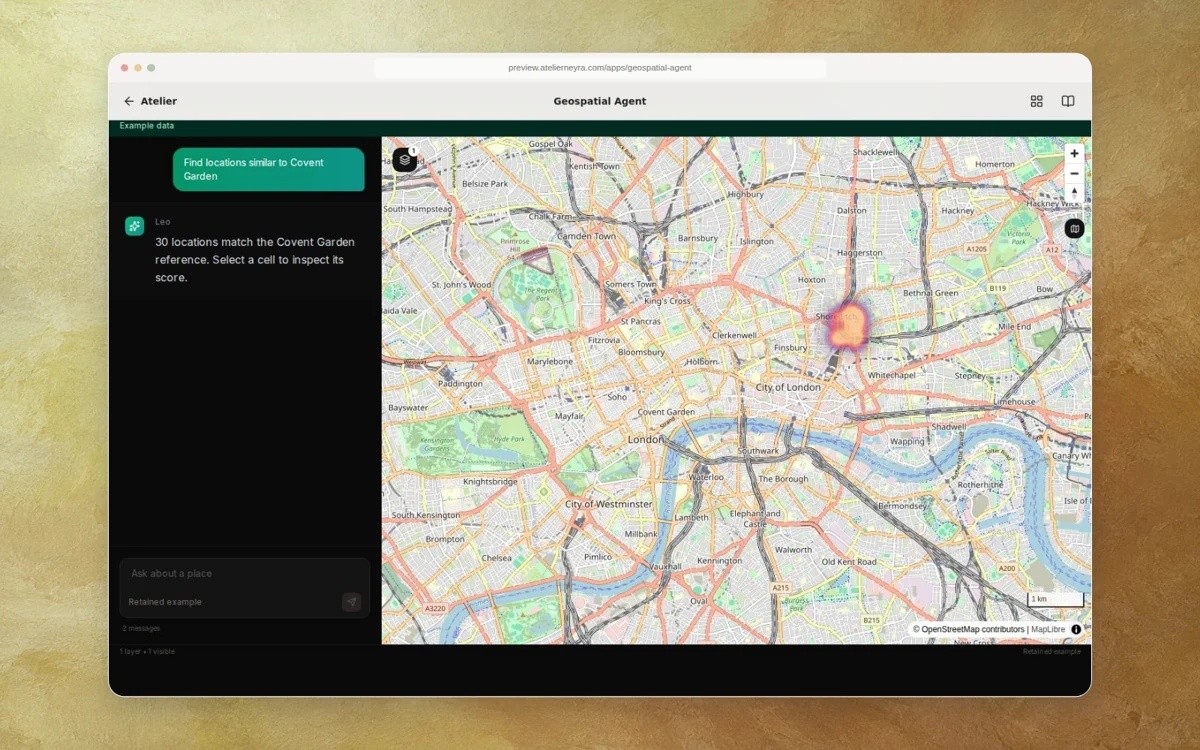 Leo geospatial agent showing a retained synthetic location comparison on a map