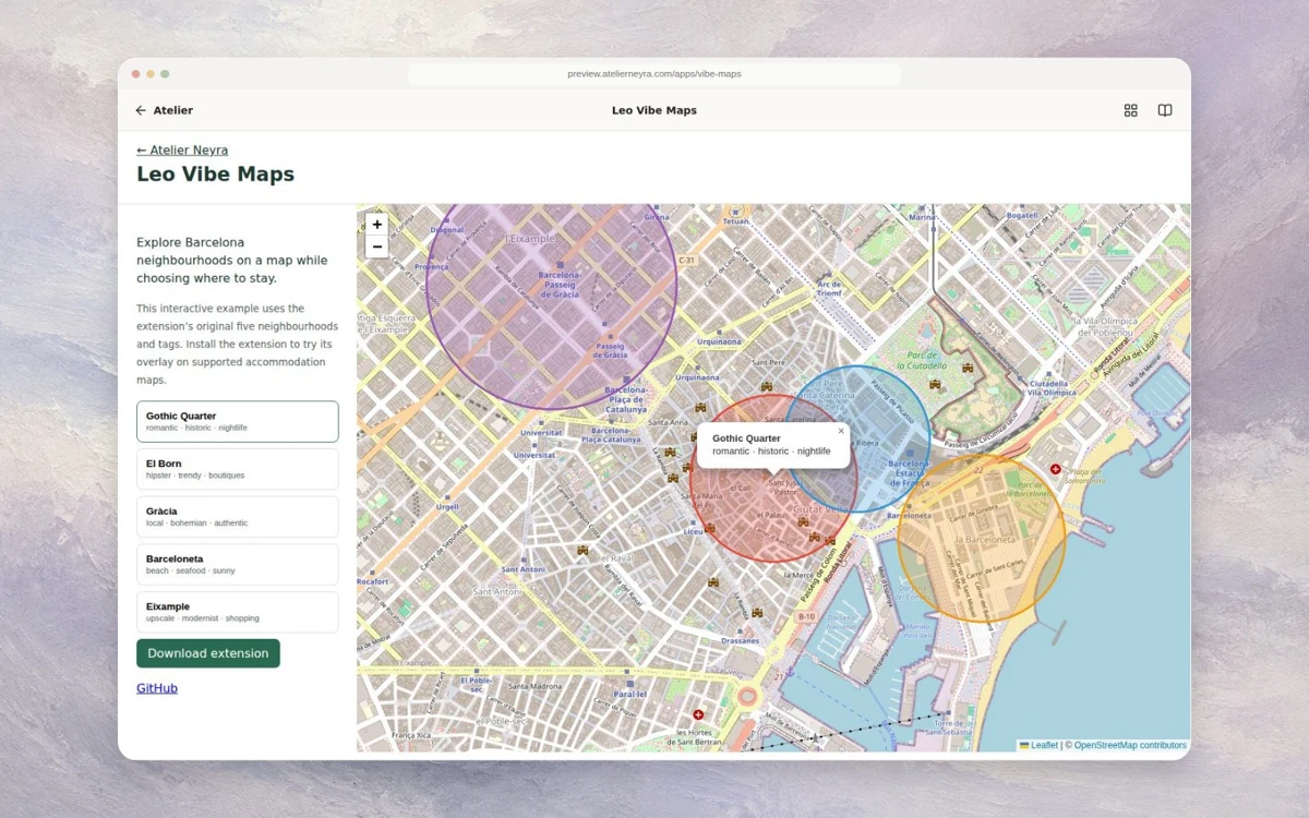 Barcelona neighbourhoods and a selected Gothic Quarter map area
