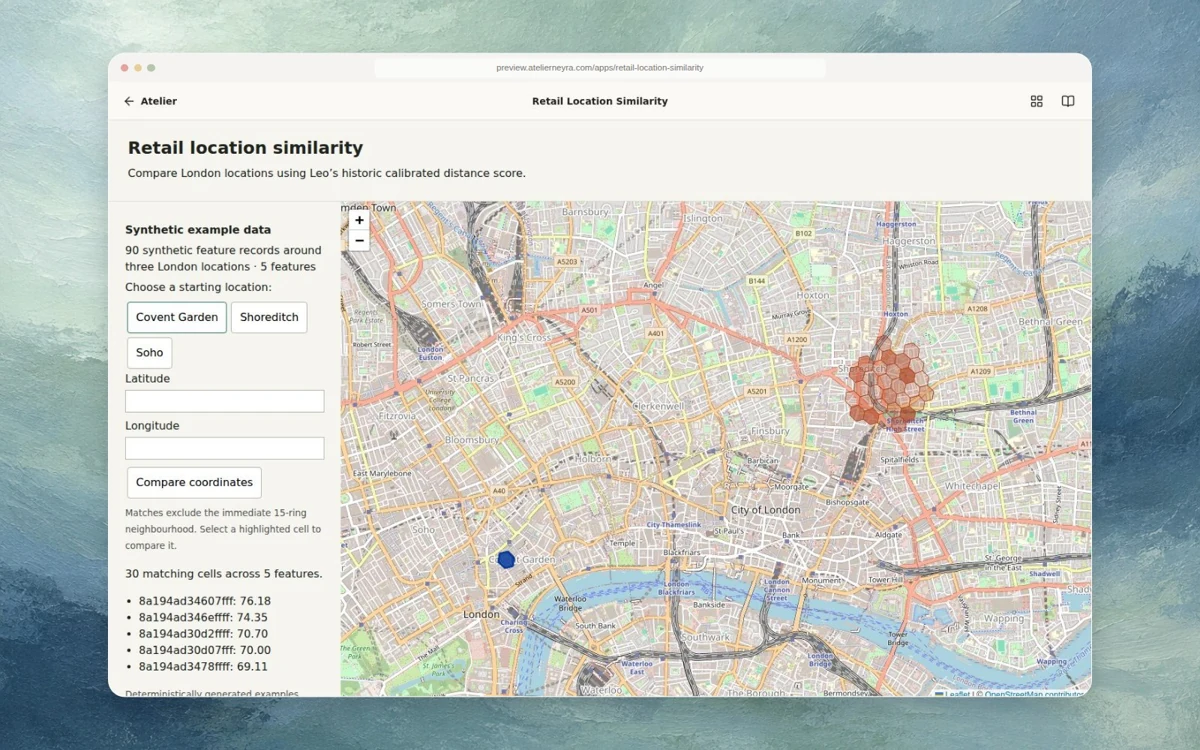 London retail locations compared on a map using synthetic data